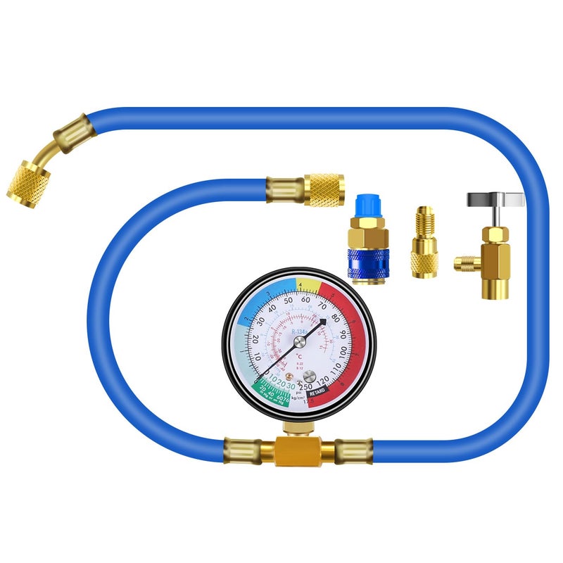 JIFETOR AC Charge Hose with Gauge for R134A, Car HVAC Refrigerant Recharge Kit, Home Air Conditioning U Charging Hose Low Pressure Meter 1/4 inch Fittings Can Tap Quick Coupler Adapter, 42 inch Long - Image 1